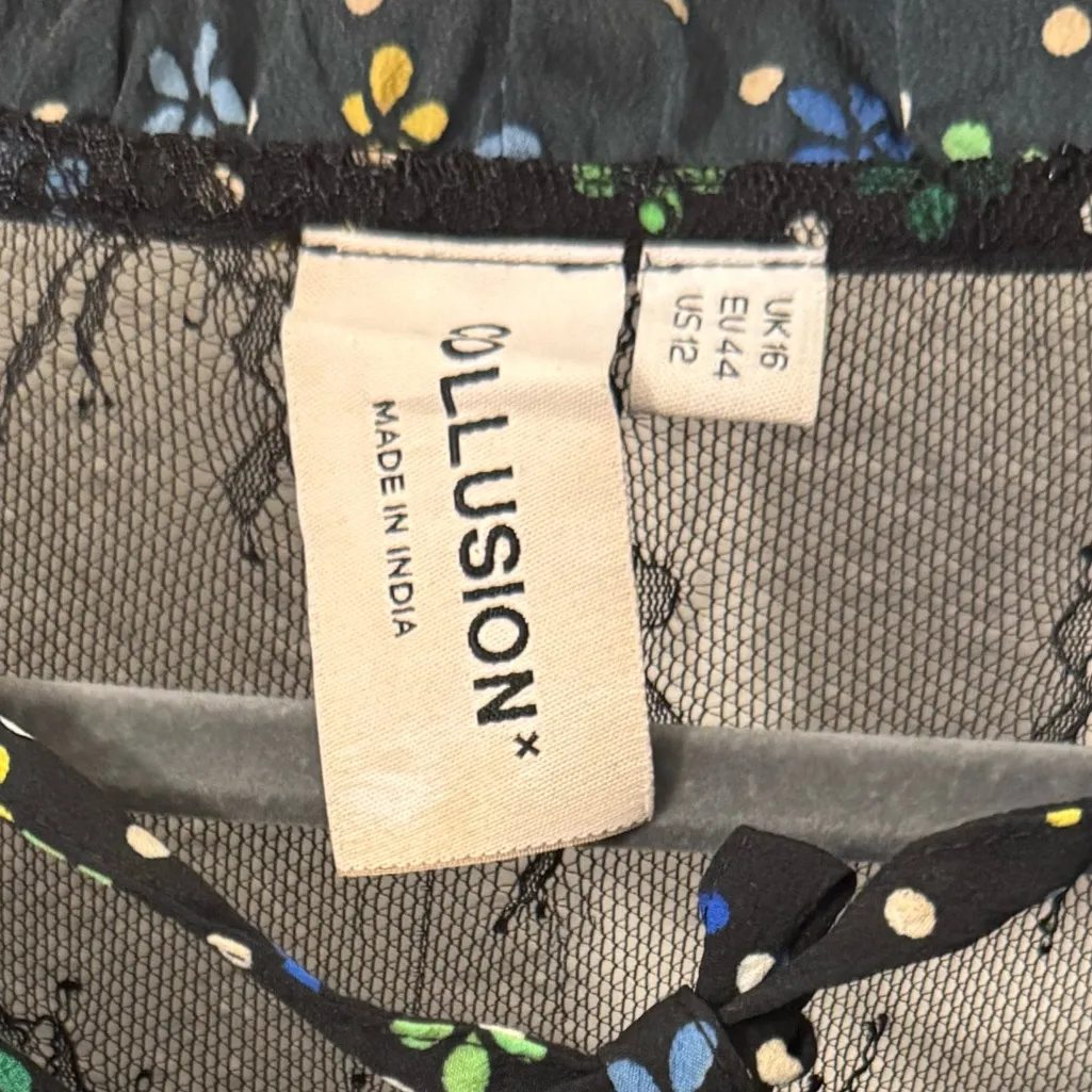 Collusion Floral Long Sleeve Black Dress with Ruffle Details Lace Back Size 12 Blue - Image 9