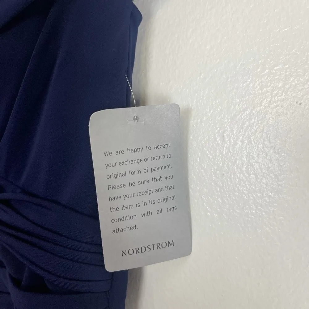 LA FEMME Short-Sleeve Ruched Jersey Gown in Navy Size US 4 - Image 5