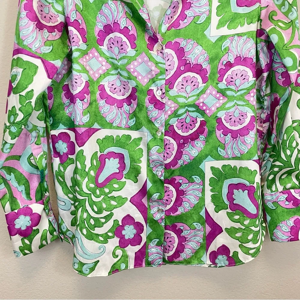 MANGO‎ Italian Fabric Floral Satin Relaxed Button Up Shirt Green Size 4 - Image 7