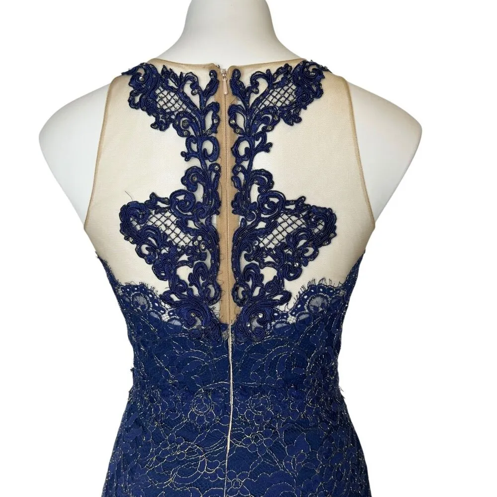 MARCHESA NOTTE Navy Blue Metallic Lace Dress size 0 XS Formal Gown Wedding - Image 9