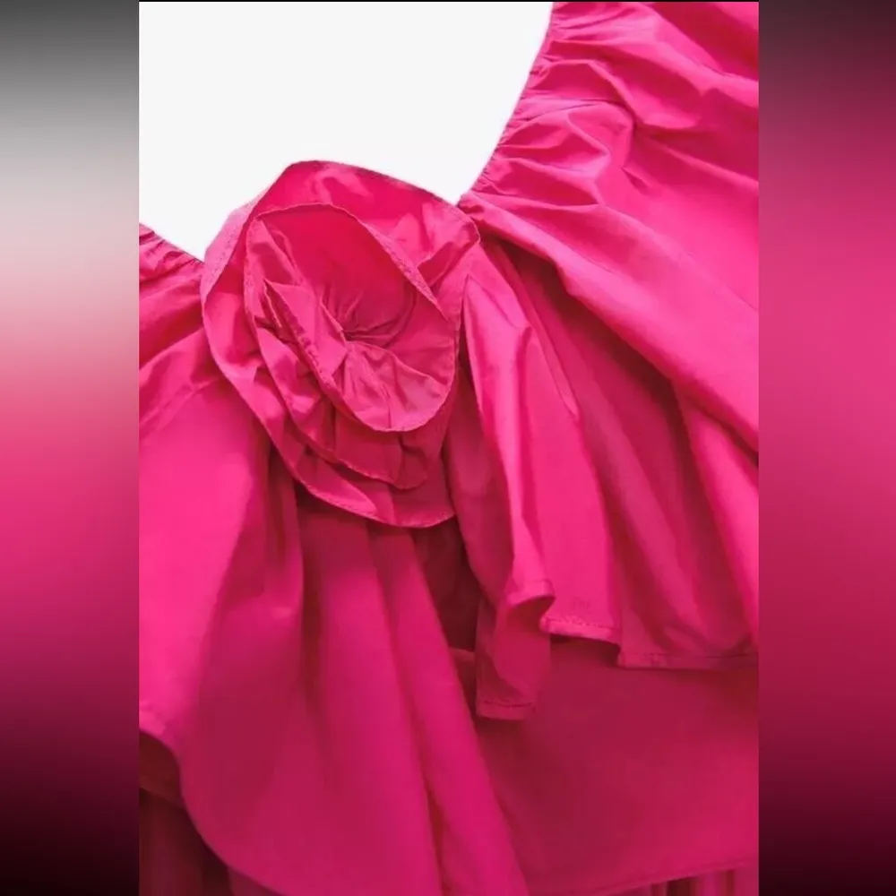 ZARA  FUCHSIA Pink RUFFLED ASYMMETRIC FLOWER One Shoulder TOP SIZE XS NEW - Image 11