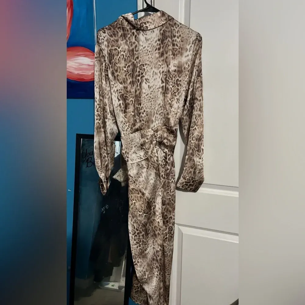 Mia Mod Silk Button Down Tie Dress Tan Size L - Image 2