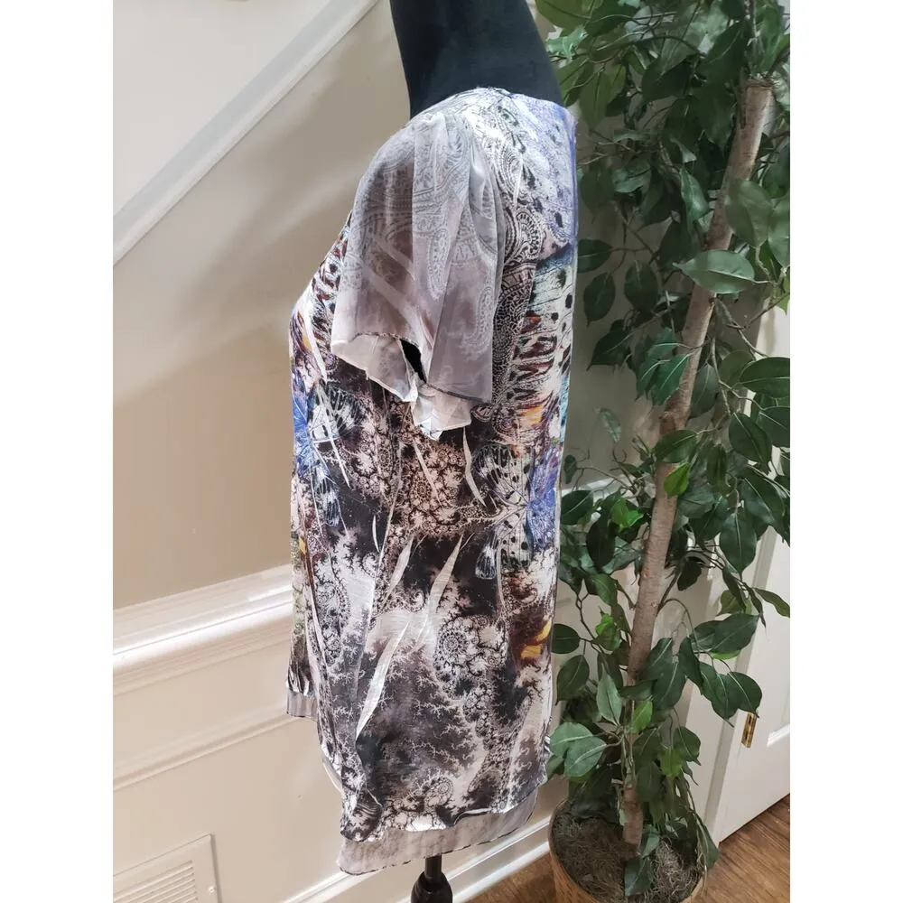 One World Live And Let Live Blouse Top Women Medium Multi Beaded Butterfly Print Gray - Image 13