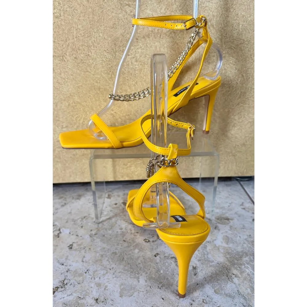 Nine West Yellow Tallo Sandal Shoe Gold Metal Chain detail Strapy 3.5" heel - Image 4