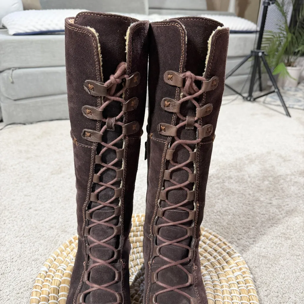 Timberland Y2K Moorland Hollace Tall Brown Suede Lace-Up Boots Sherpa Lined 7.5M - Image 9