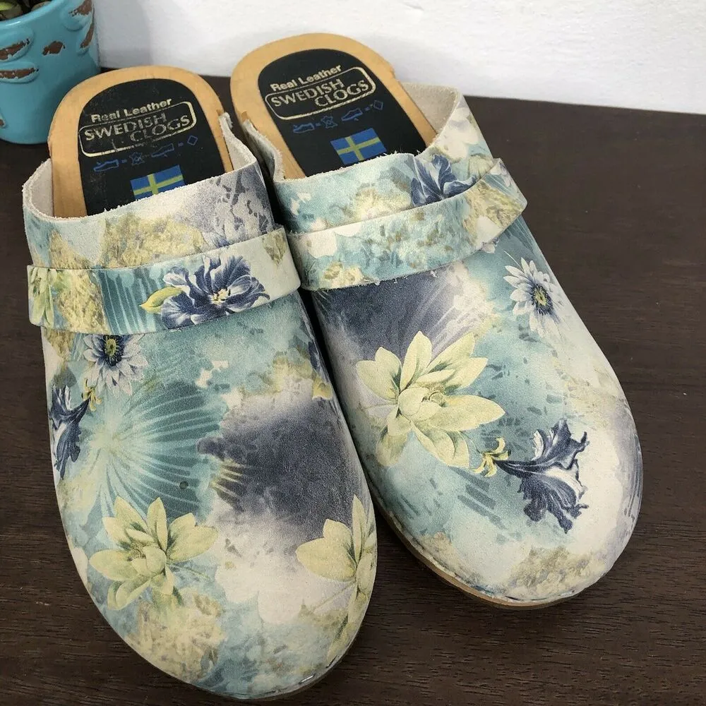 Swedish Clogs Leather Wooden Floral Print Made In Sweden Women's Size 40 US 9 Blue - Image 3