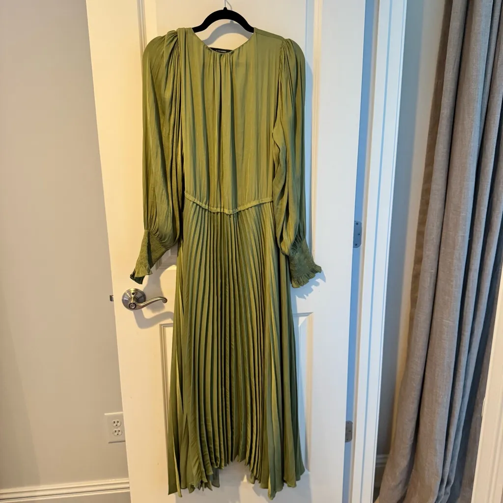 Rebecca Taylor Pleated Sateen Long-Sleeve Dress In Matcha Green | XL - Image 8