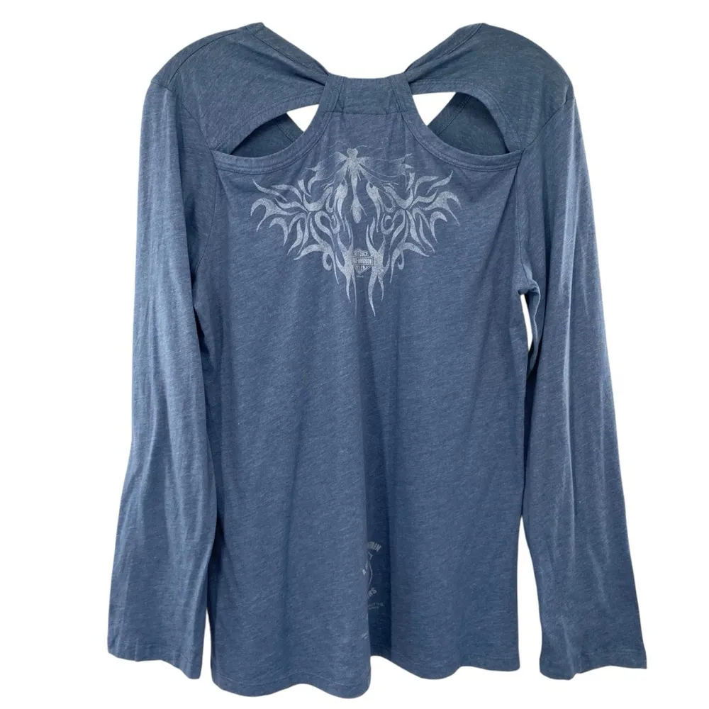 Y2K  Womens Blue Long Sleeve Shirt Tattoo Fairy Moto Biker - Image 7