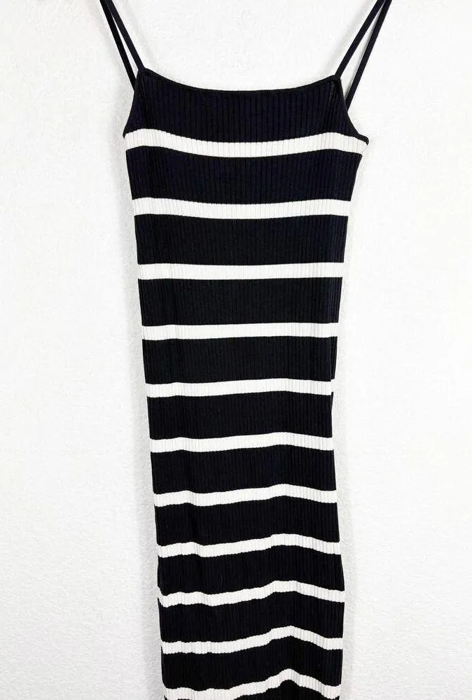 Zara Navy Striped Square-Neck Maxi Dress Medium Ribbed Knit Stretch Minimalist - Image 8
