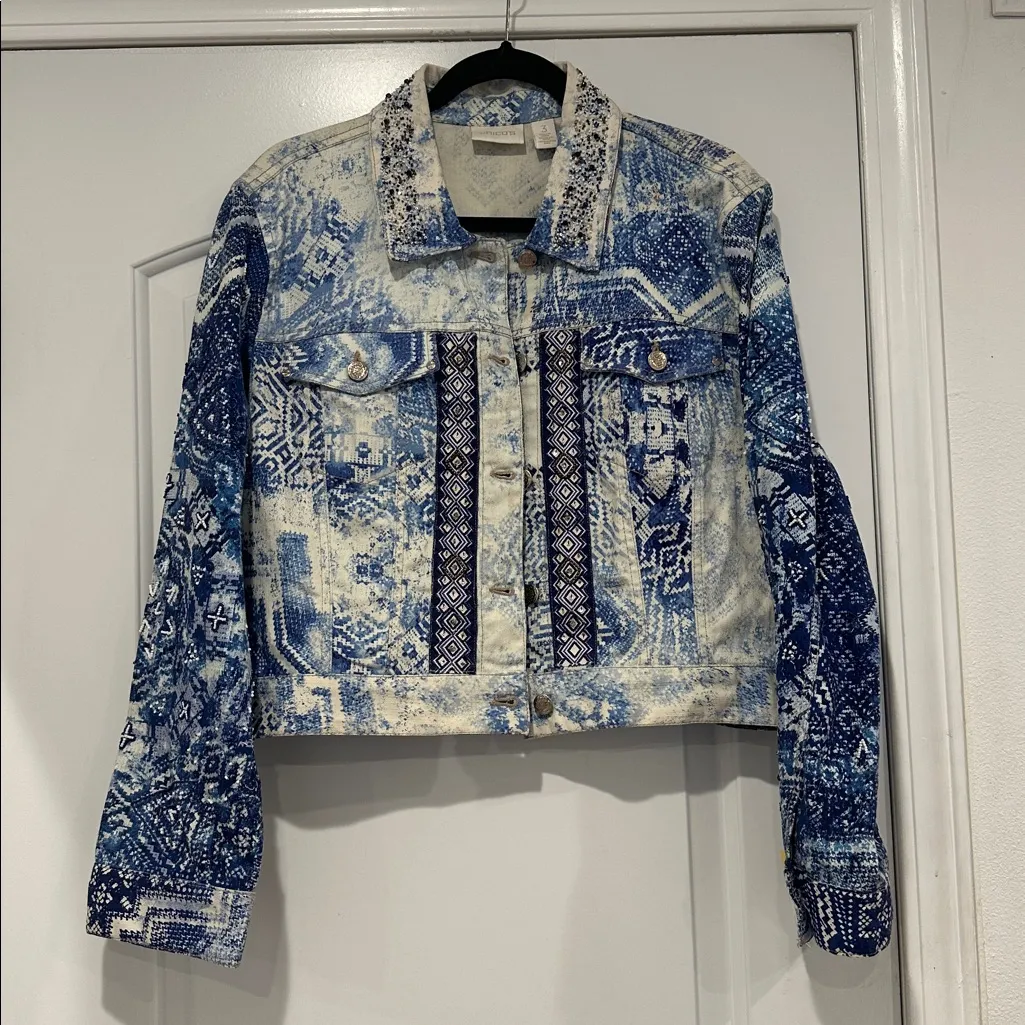 Chico's Women's Crop Jean Jacket Artisan Mysterious Blue Bead Tie Dye Sz 3 XL - Image 5