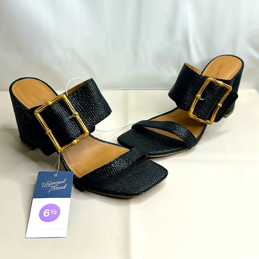 Universal Thread Black Block Heel Sandals with Gold Buckle - Image 2