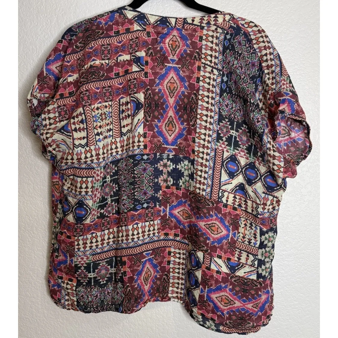 Johnny Was Workshop Large Tribal Print Double Tassel Short Sleeve Top Boxy Aztec - Image 2
