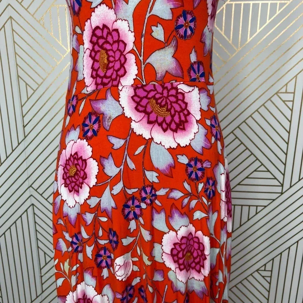 Anthropologie Maeve Cleary Dress Floral Mock Neck Jersey Orange‎ Red Size Small - Image 5