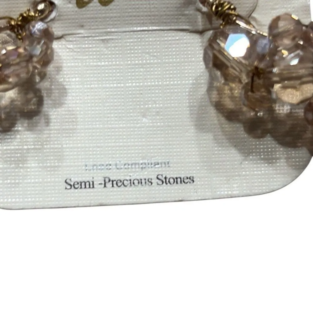 Iridescent Faceted Gemstone Beaded Gold Hoop Earrings Statement Pink Beige Tan - Image 4