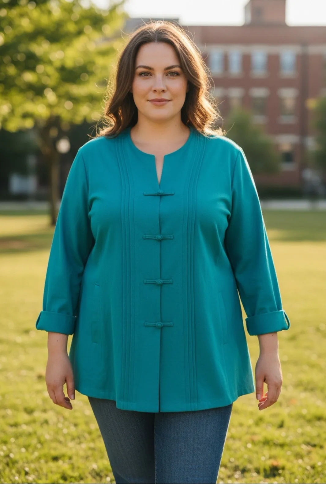 Maggie Barnes Womens PLUS 2X Linen Aqua Blue Frog Button Mandarin Collar Top - Image 1