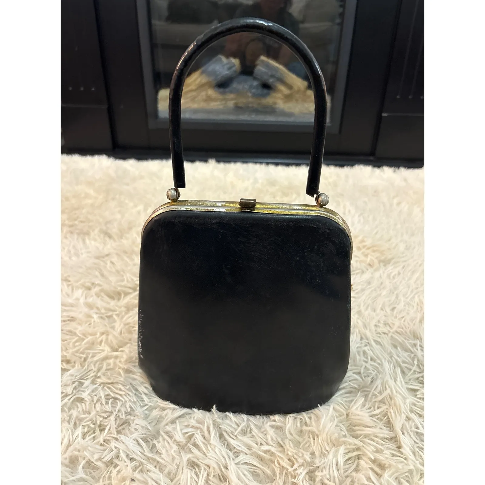 Vintage 40's Black Kiss Lock Clutch Handbag Evening Bag Top Handle - Image 2