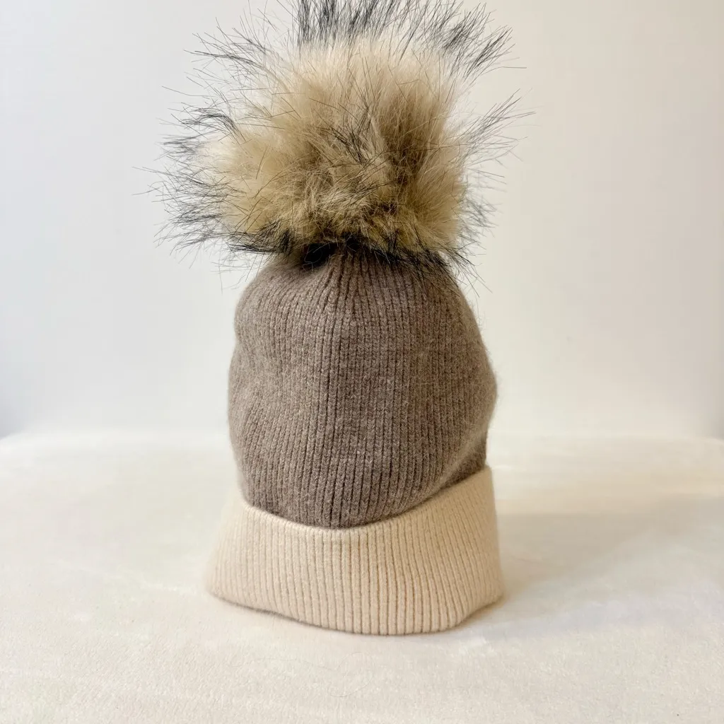 Norla Canada Cream Taupe Alpaca Wool Blend Pom Pom Winter Hat O/S Tan - Image 2