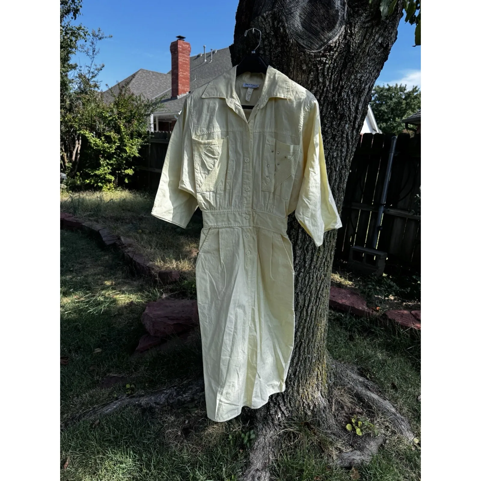 VTG 1950 Style Pastel Yellow Cotton Midi Day Dress Sz7 Tight Waist USA Bat Sleev Size 6 - Image 2