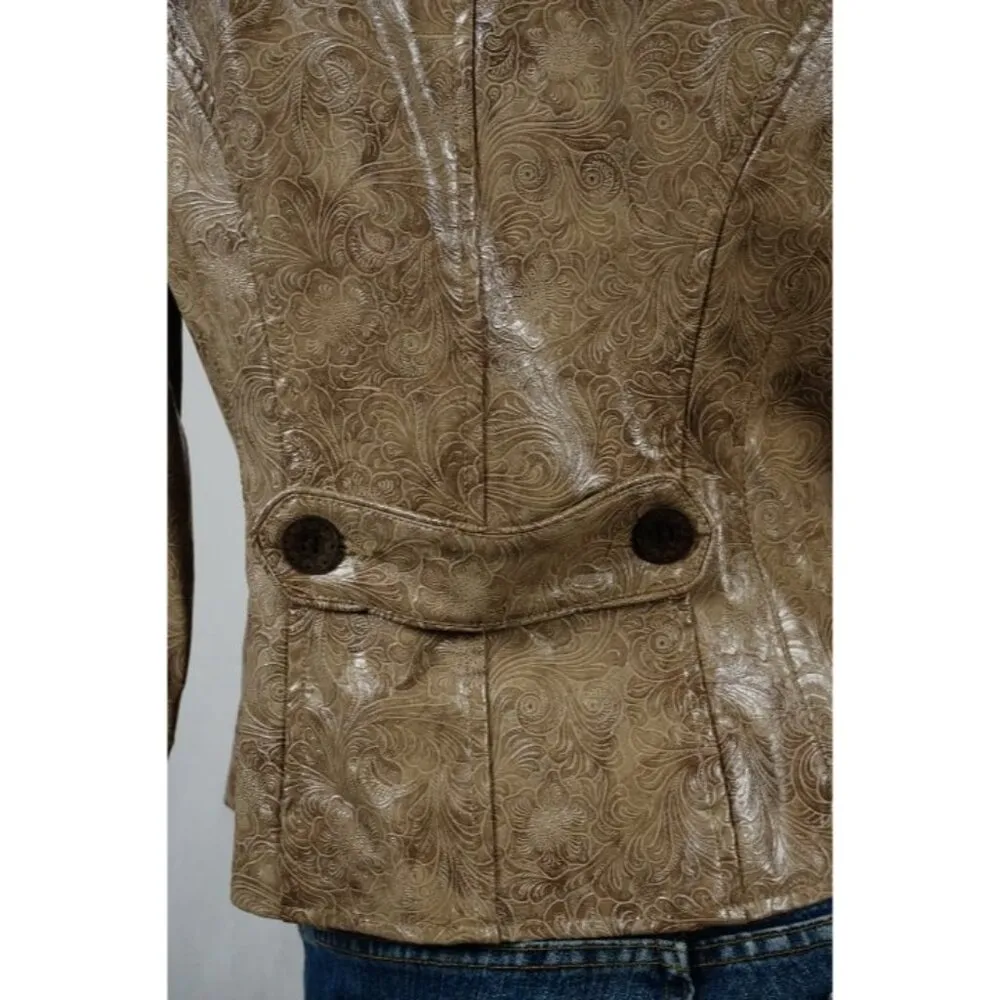 Nanette Lepore Western Gold Tan Stamped Floral Pleather Jacket Size 10 - Image 5