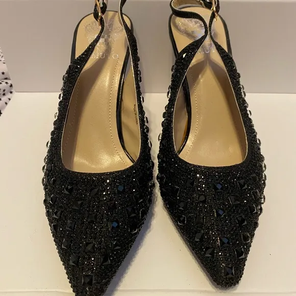 Black Pointed Toe Heels with Sparkly Texture - Image 2