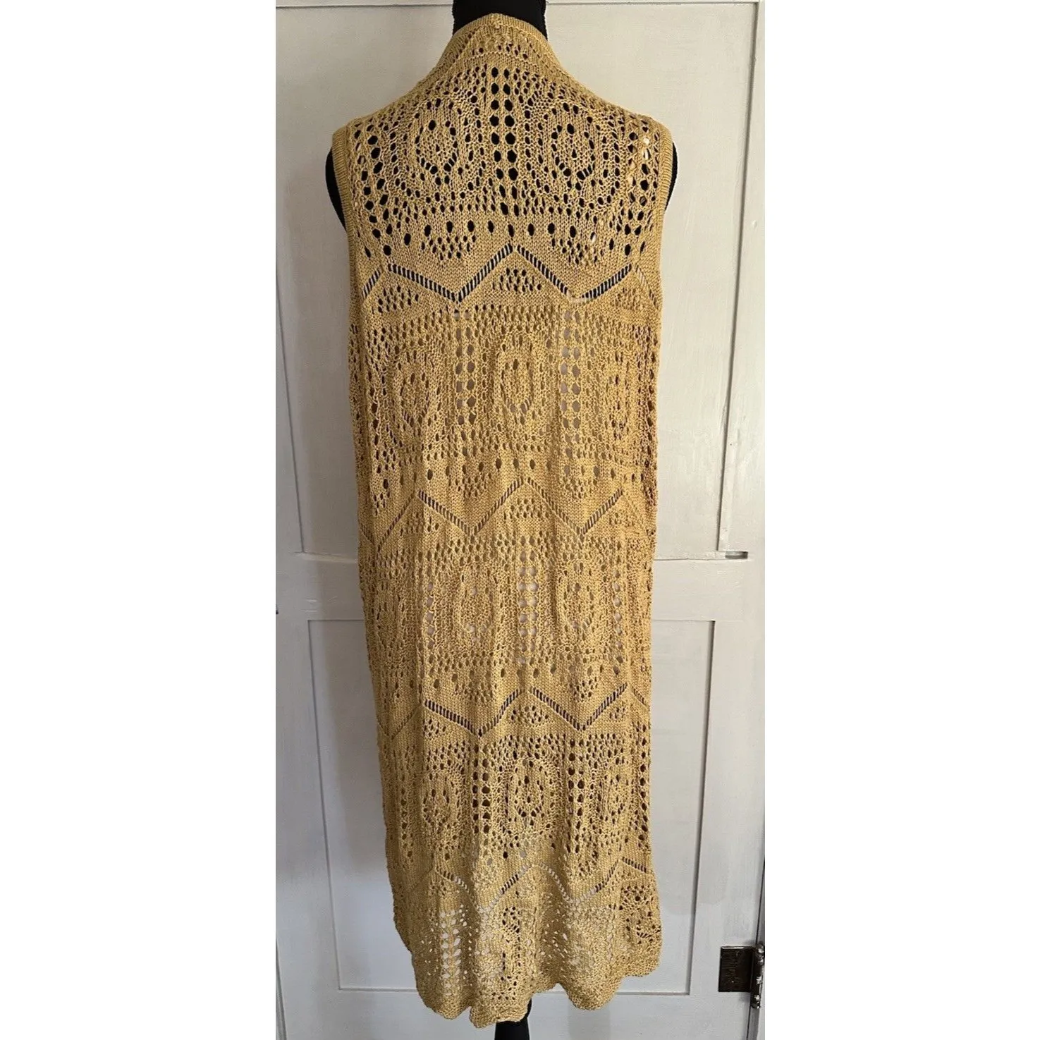 Chelsea & Theodore Women’s Yellow Open Front Crochet Cardigan Duster Vest Sz L Size L - Image 4