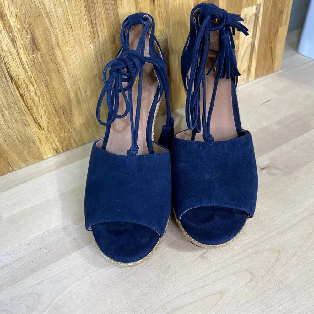 CAbi  Isla Espadrille Wedge Sandals Ankle Wrap Navy Suede 6 - Image 3