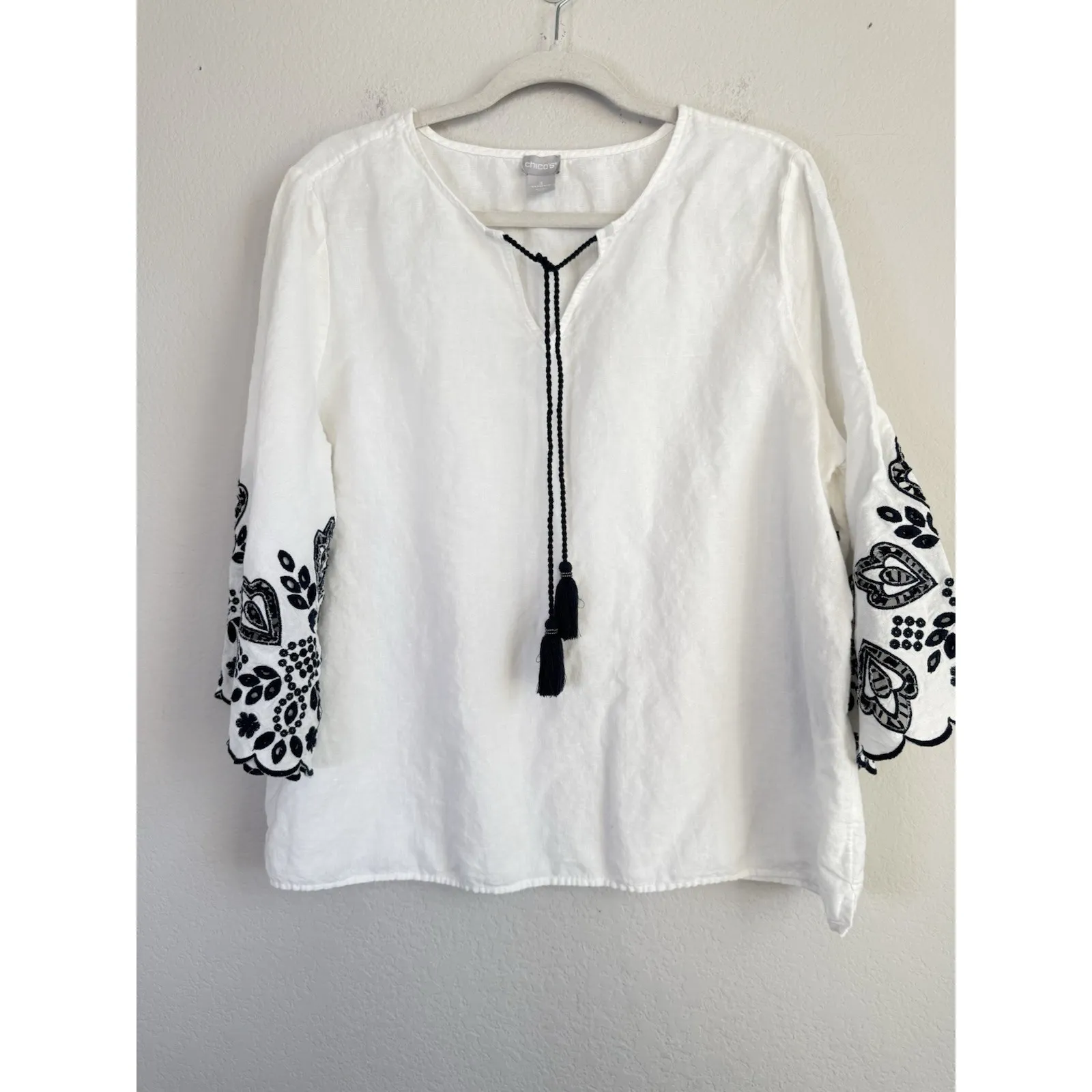 Chico's Linen Blend Cutwork 3/4 Sleeve Embroidered White Top Women's Sz 3 16/18 - Image 3