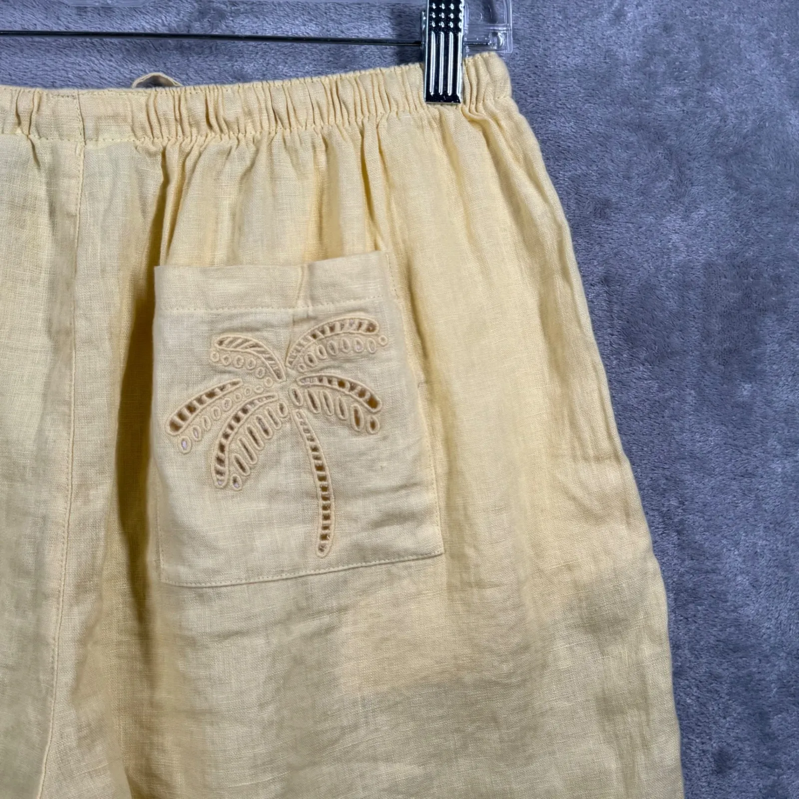 Calypso St Barth 100% Linen Shorts M Yellow‎ Palm Tree Embroidered Beach Resort Yellow Size M - Image 5
