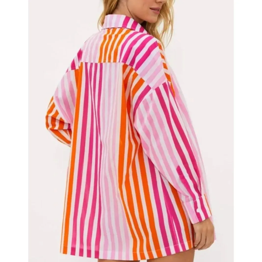 BEACH RIOT Shirt Womens Small Medium Pink Orange Alexa Stripe Button Down Swim - Image 4