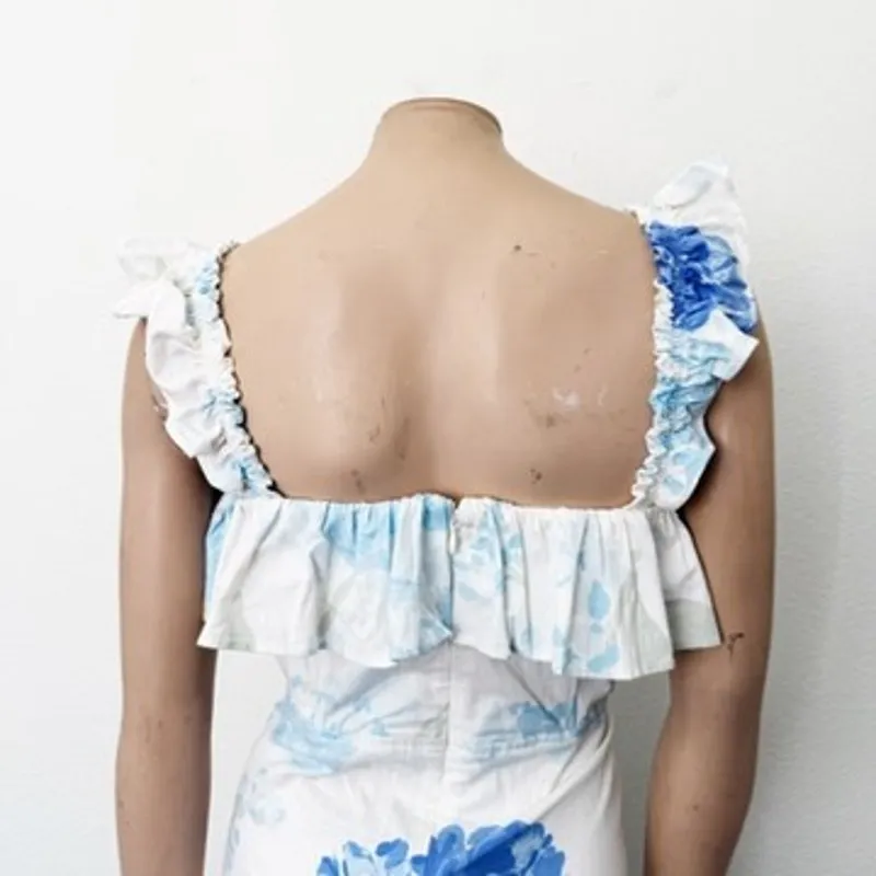 [SABO] White Peony Blue Floral Print Ruffle Mini Dress NWT Fit & Flare Sz Large - Image 6