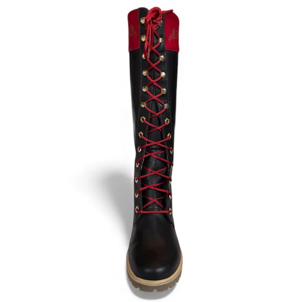 NWOT Timberland Black Leather Red Satin Gold Detail Lace Up Boots Size 6 - Image 3