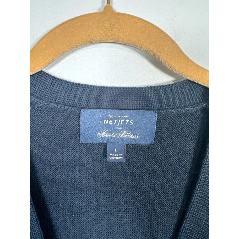 Brooks Brothers Large Womens Cardigan Striped Wrists Navy Blue V-Neck Wool Blend - Image 3