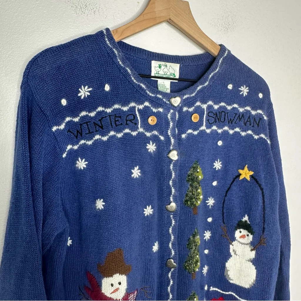 Vtg 90s Quacker Factory Cardigan Snowman Winter Holiday Granny Knit Sweater L - Image 4