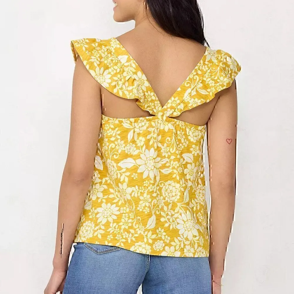 LC LAUREN CONRAD Ruffle Sleeve Cross Back Top Pastel Green Floral Jacquard Tank - Image 3