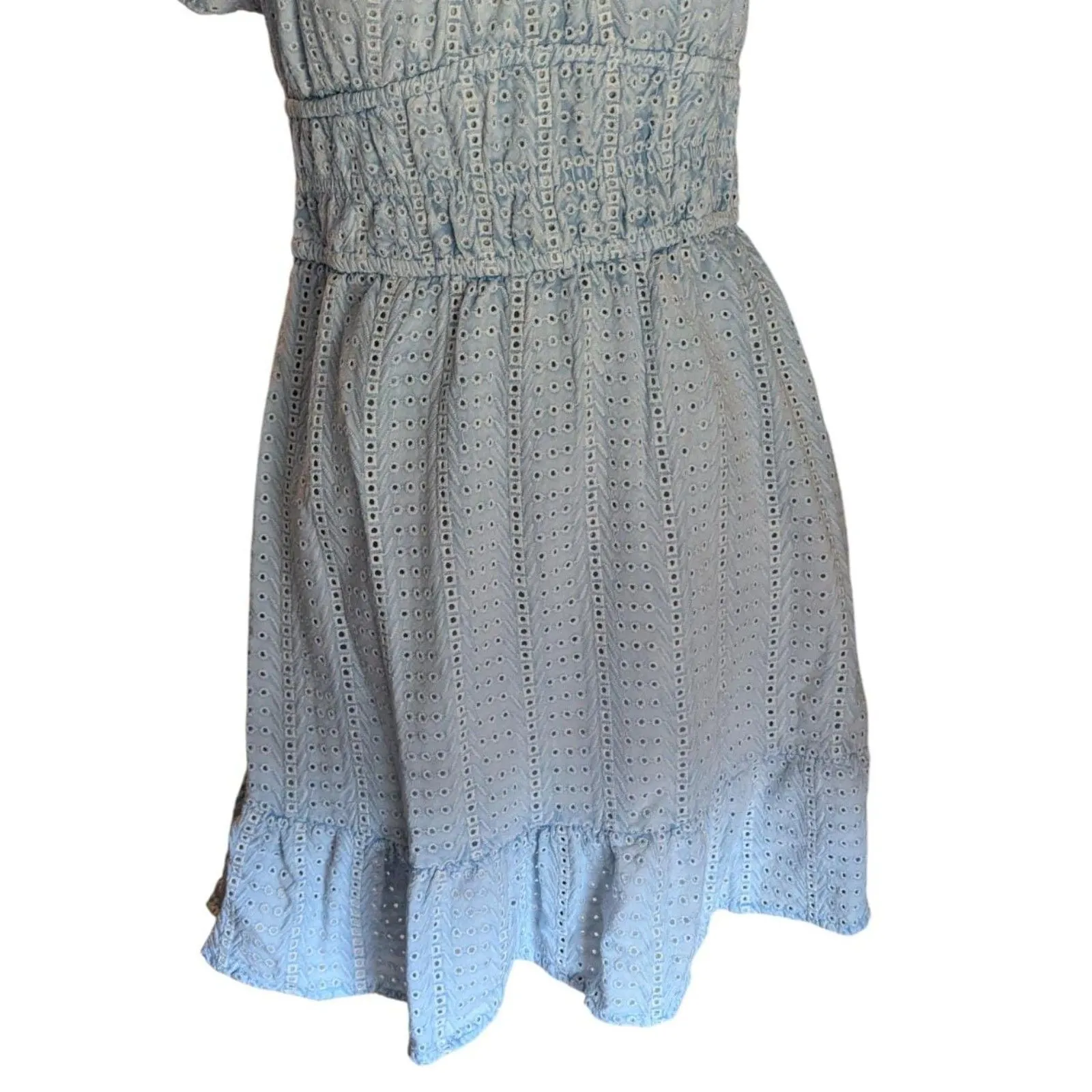 SIM & SAM Light Blue Eyelet Mini Dress Boho Cottagecore  M - Image 3
