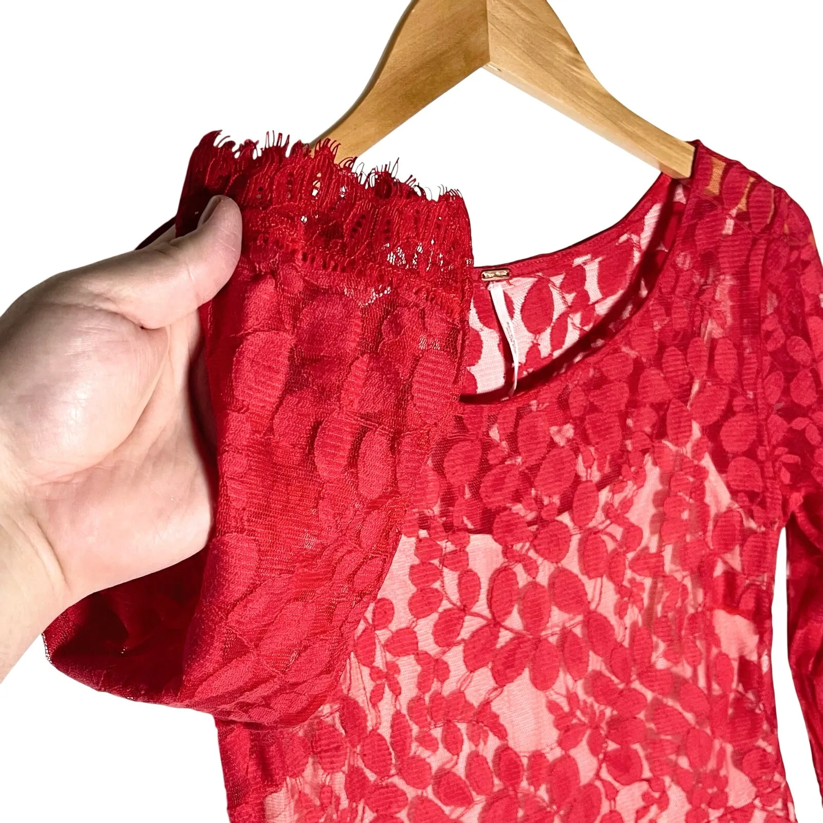 FREE PEOPLE Women’s Red Floral Lace handkerchief hem cocktail dress 8 - Image 5