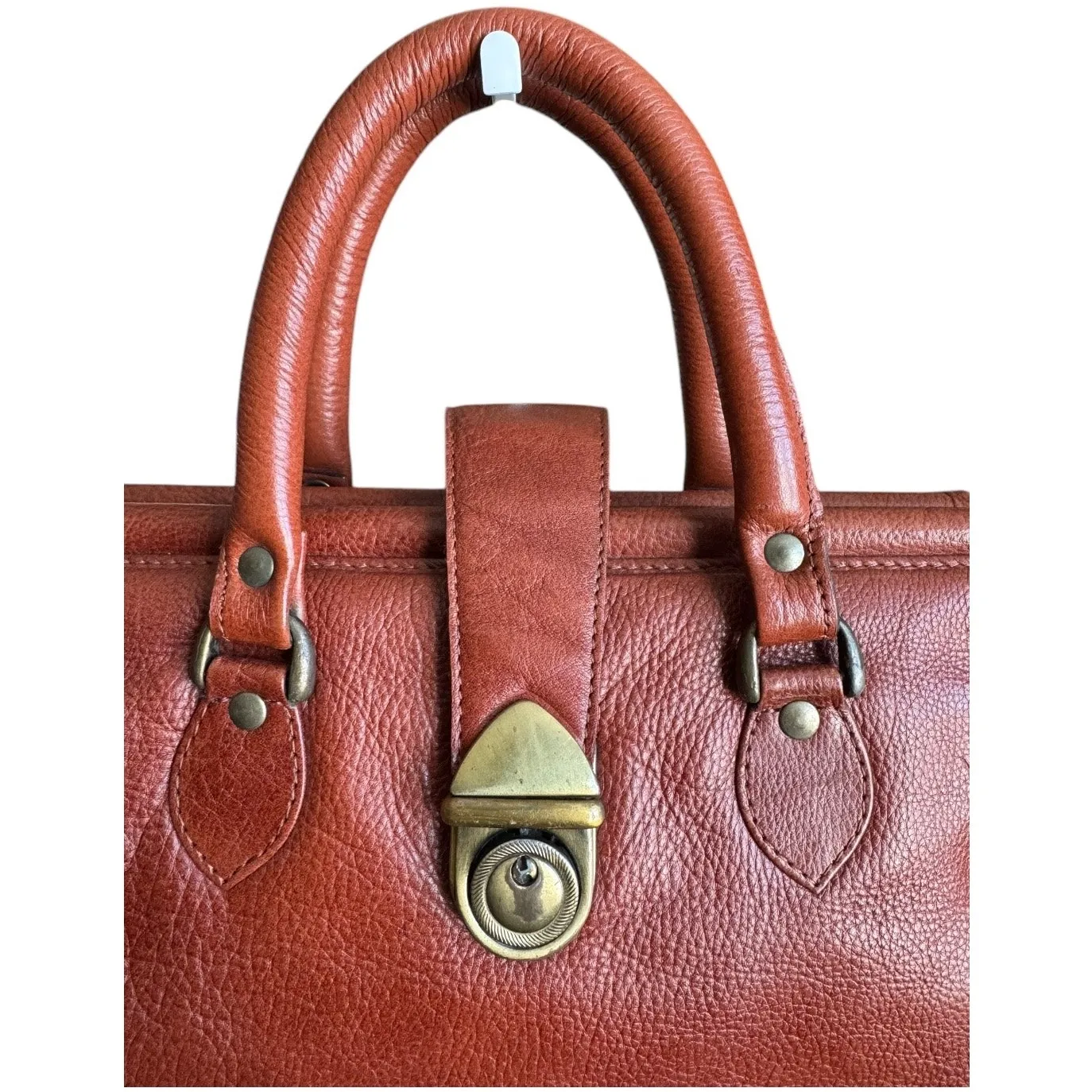 Vintage Sabiha Leather Boutique Cognac Satchel – Brass Lock, Made in India Brown - Image 4