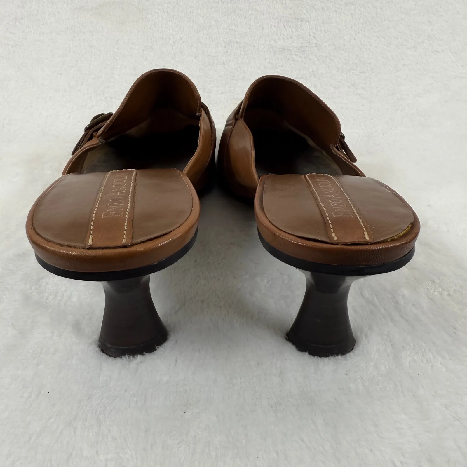 Enzo Angiolini Brown Leather Mules Heels Buckle Detail Square Toe Size 8.5M - Image 7