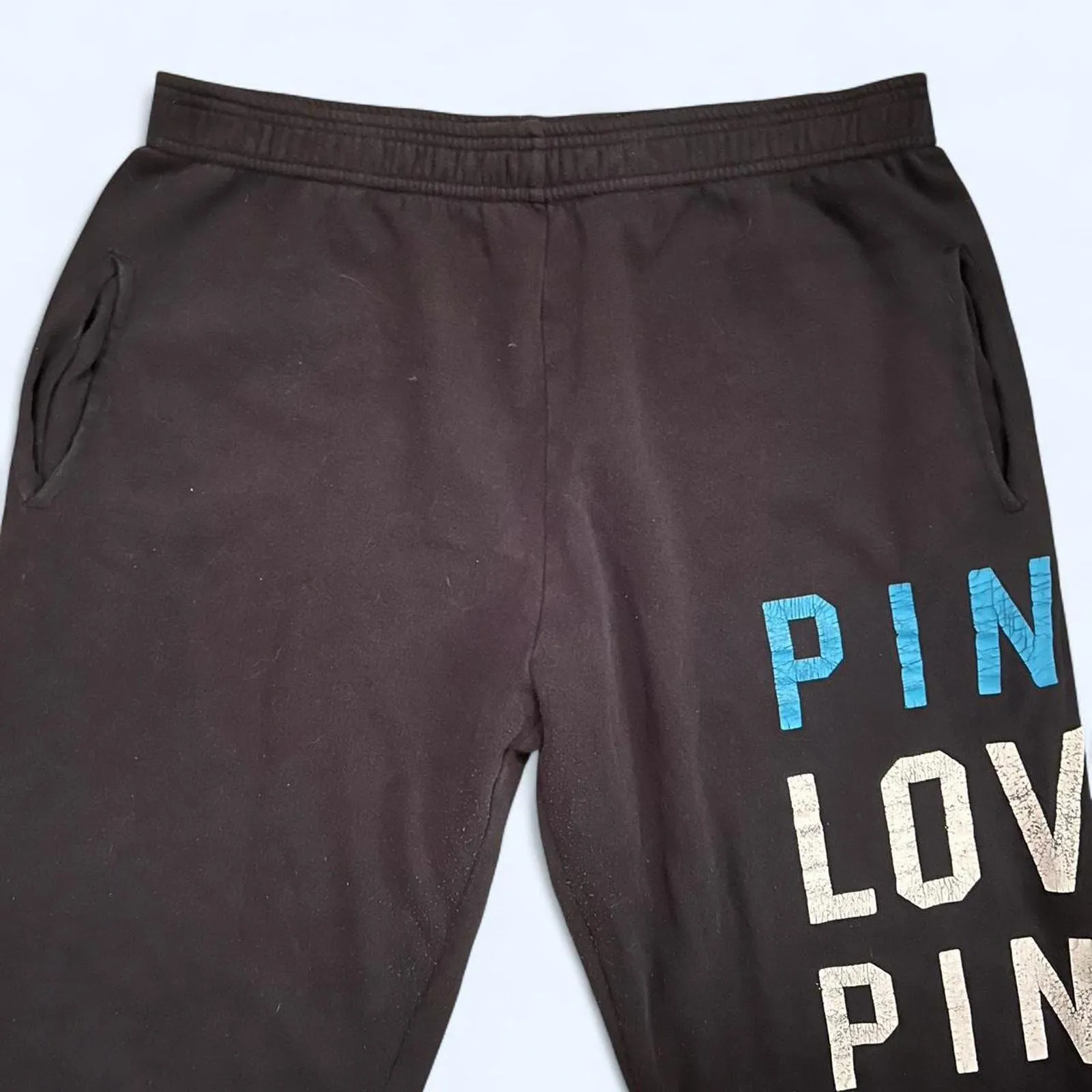 Black Victoria's Secret PINK wide leg sweatpants with blue & white logo Size XS - Image 3