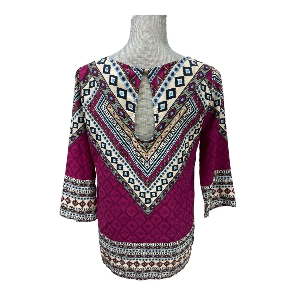 PINK OWL Geometric Tribal Blouse
Multicolor 3/4 Sleeve Scoop Neck Top size M - Image 3