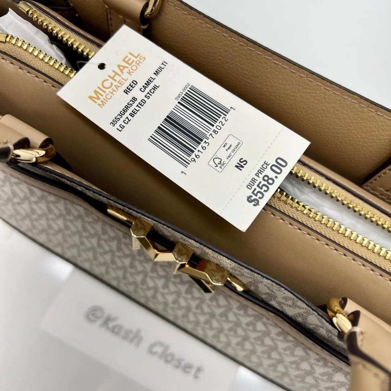 Michael Kors Camel Multi Reed Large Belted Satchel Purse - Image 6