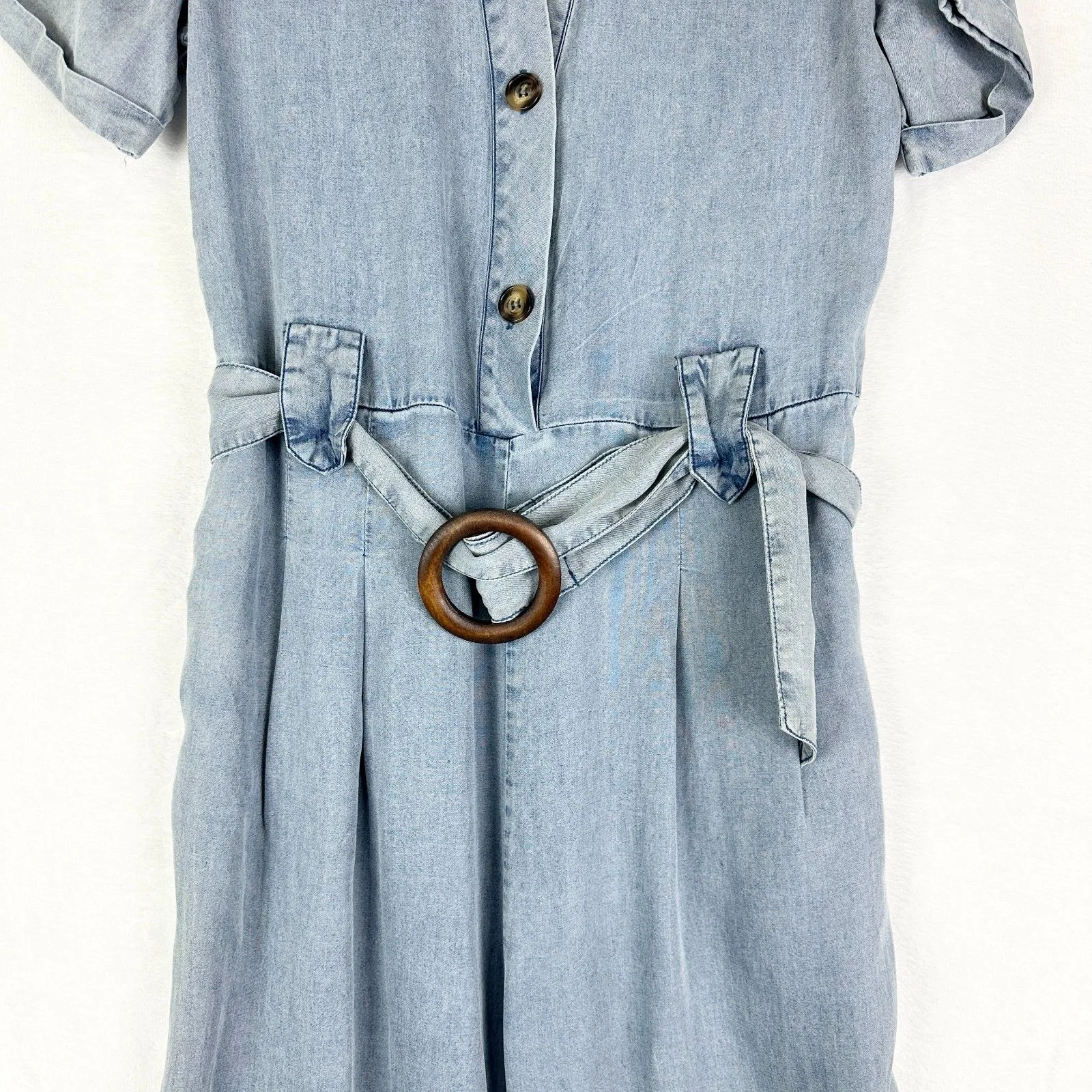 Three Bird Nest Tencel Chambray Jumpsuit Size Small Belted Blue Pockets - Image 5