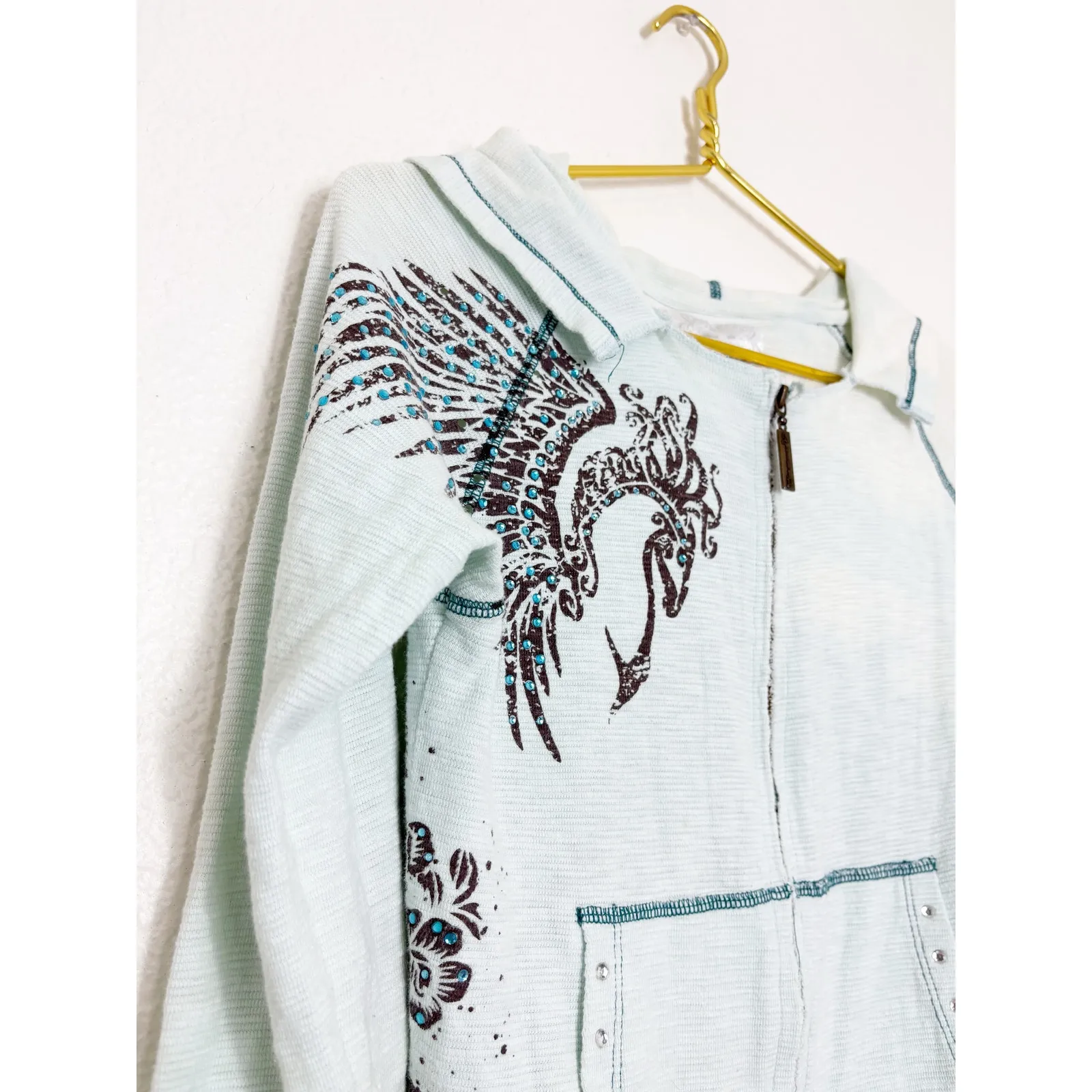 Vintage Y2K Adiktd Blue Rhinestone Euro Zip Up Hoodie Size Small Emo Grunge 90s - Image 6