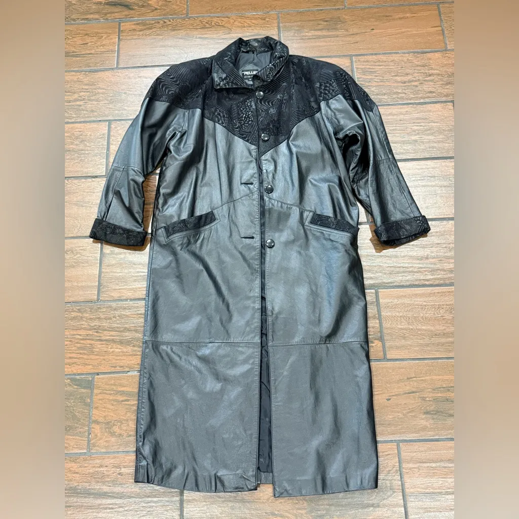 Vintage 80s Pelle Black Leather Trench Coat Shoulder Pads Suede Embossed Trim M Size M - Image 16