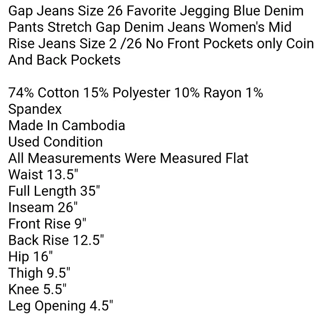 Gap Jeans Size 26 Favorite Jegging Blue Denim Pants Stretch Gap Denim Jeans Women's Mid Rise Jeans - Image 6