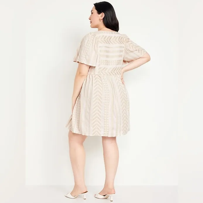 Old Navy Jacquard Mini Swing Dress Beige Geo Pattern - Image 2