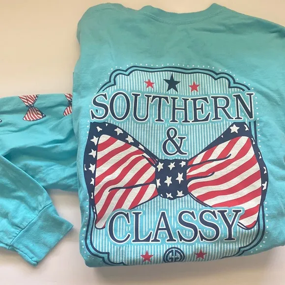 Girlie Girl Southern & Classy USA flag bow long sleeve t - Image 2