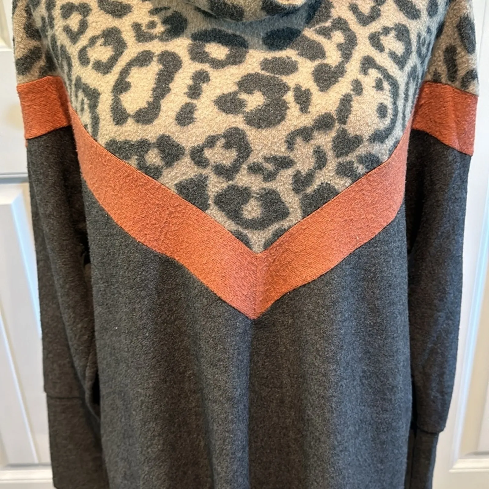 First Love Small Leopard Animal Print Chevron Cowl Neck Sweater Top - Image 4