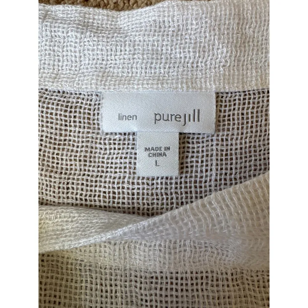 Pure J Jill Linen Airy Weave woven Top Tan white Boxy Lagenlook Coastal Boho L Size L - Image 11