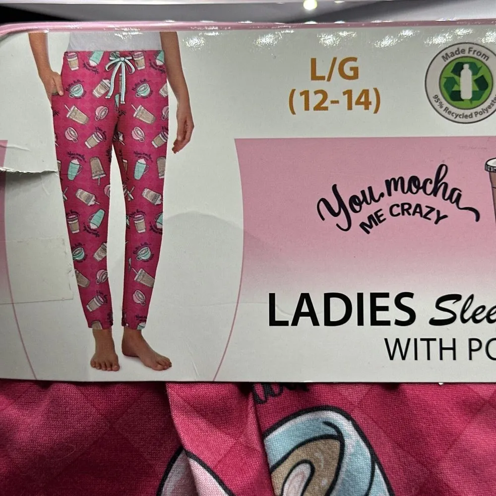 You Mocha Me Crazy Women's Pink Sleep Pants Joggers With Pockets Size Large - Image 2